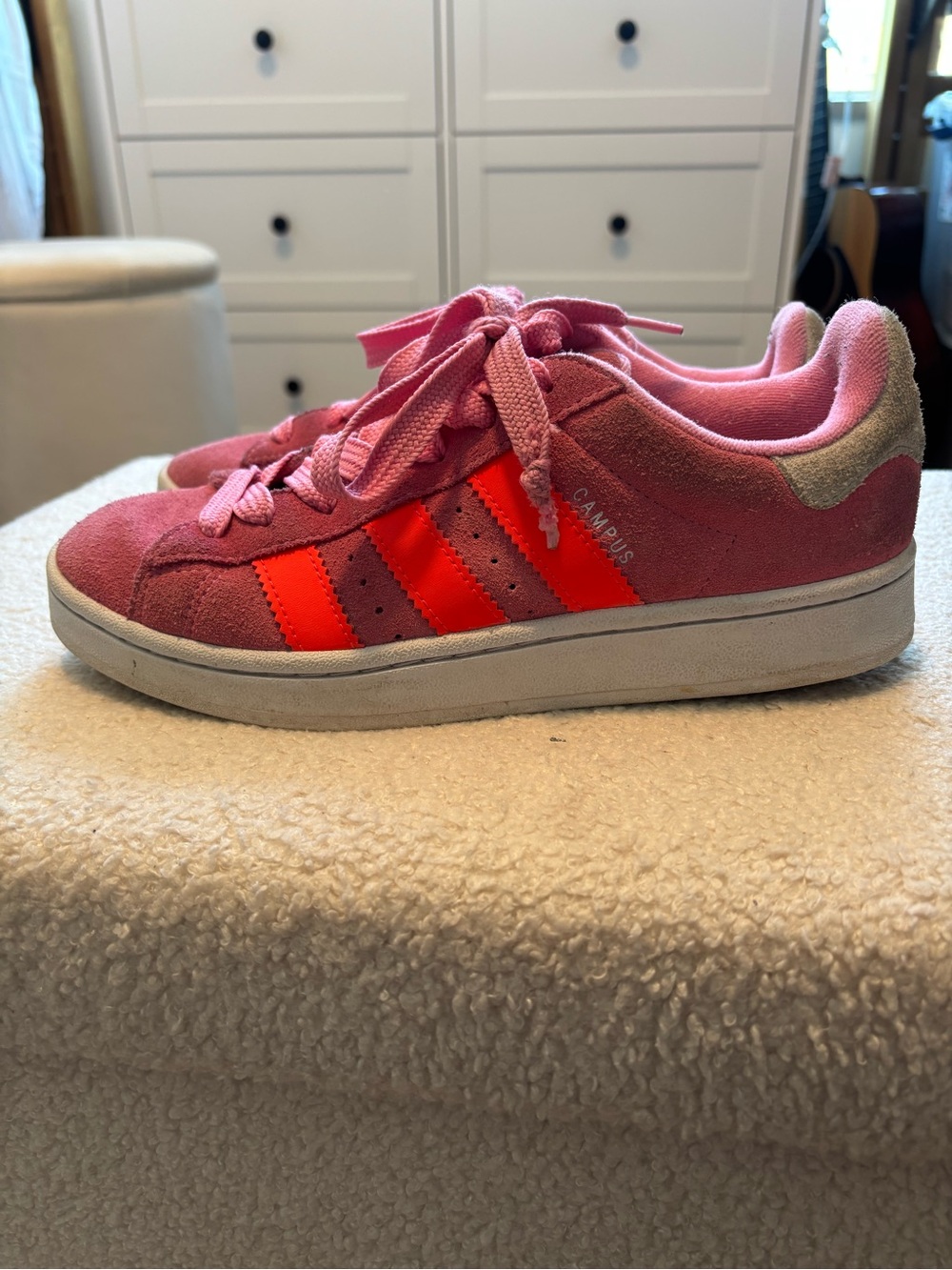 Adidas Kids' Campus Pink Suede Sneakers with Neon Orange Stripes